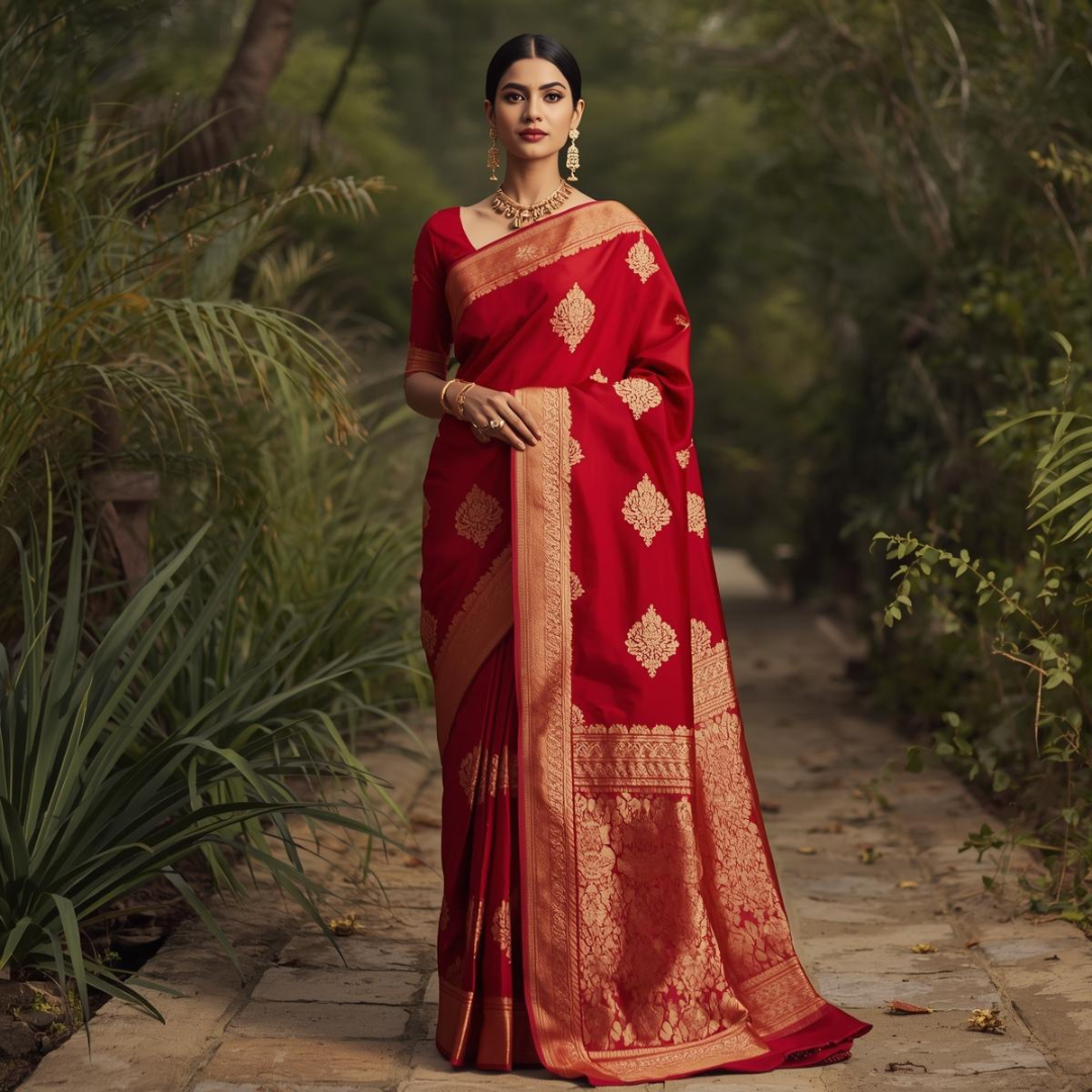 Red Kanjivaram Saree with Gold Zari at House of Hind