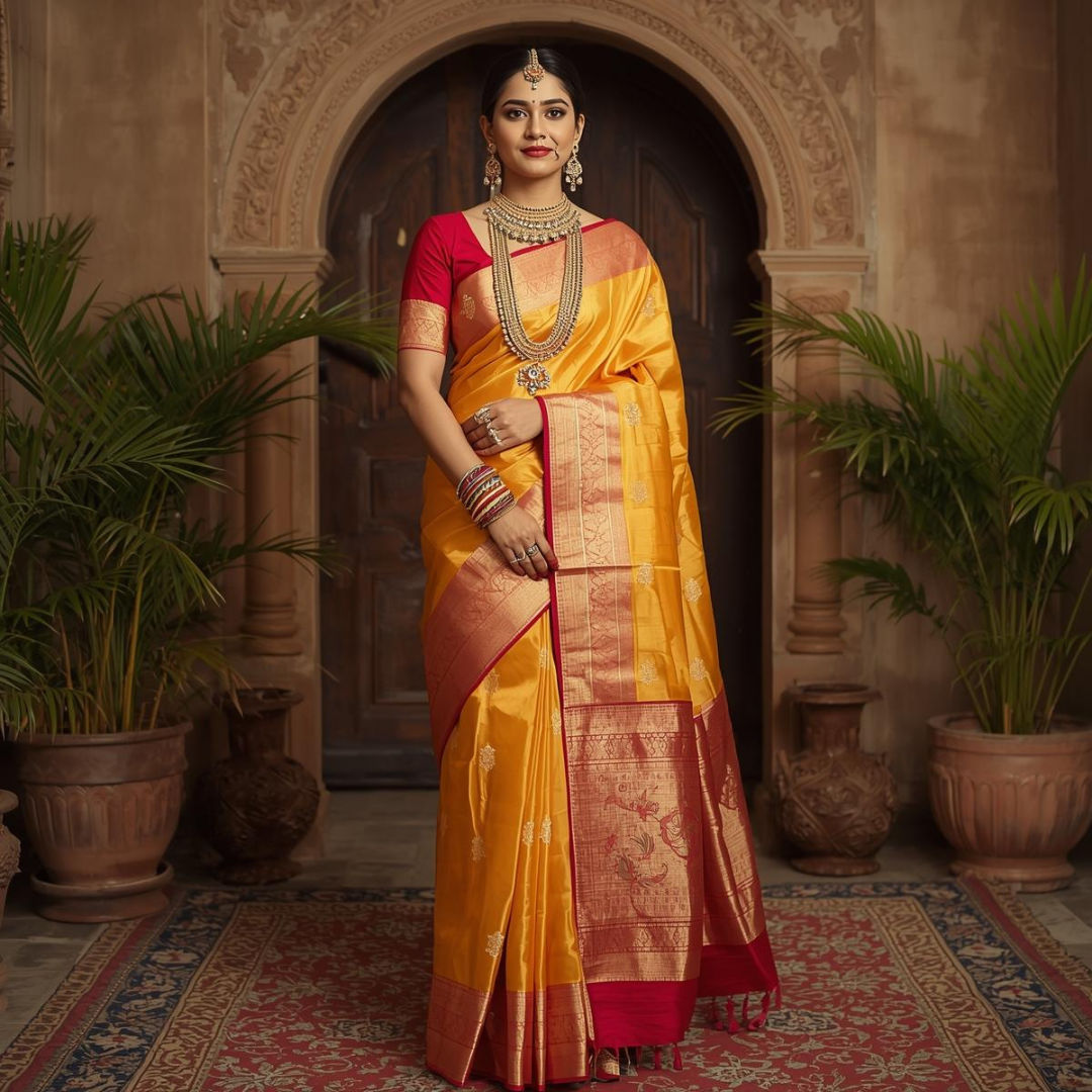 How to Choose a Golden Kanjivaram Saree for Bride | House of Hind