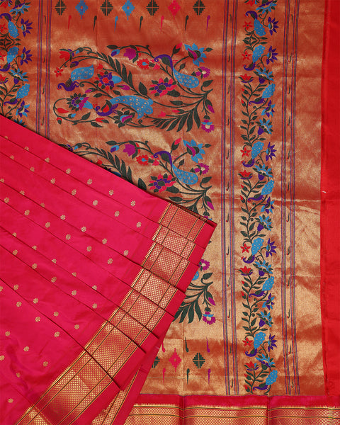 Cherry Red pure Silk  Paithani with Chataie Border