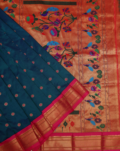 Teel Pure Silk Paithani with contrast pink chataie border