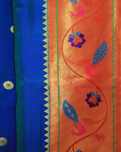 Radiant Royal Blue with Vibrant Orange Border 9 Yard Saree