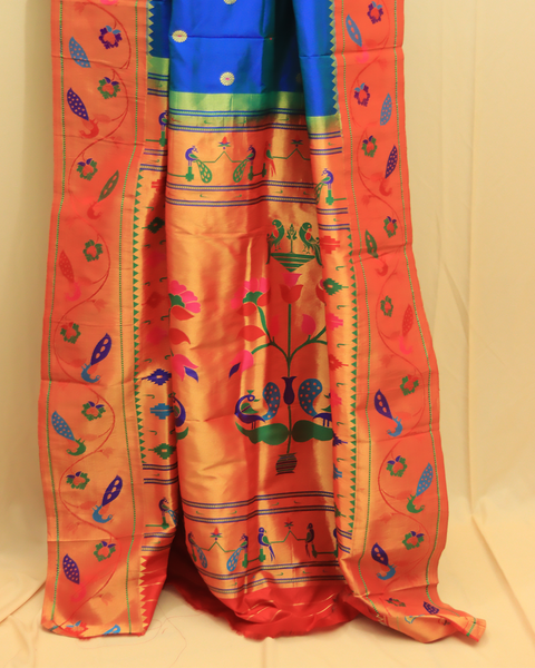 Radiant Royal Blue with Vibrant Orange Border 9 Yard Saree