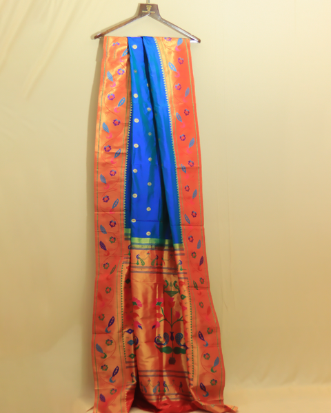 Radiant Royal Blue with Vibrant Orange Border 9 Yard Saree