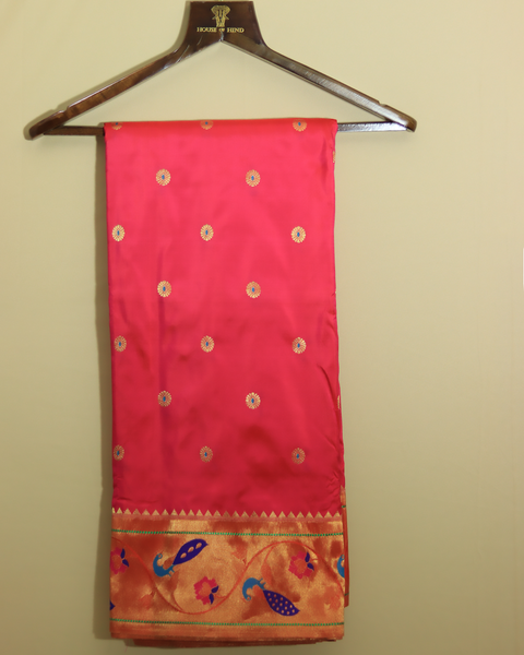 Graceful Pink with Regal Orange Border 9 Yard Saree with Peacock motif Border