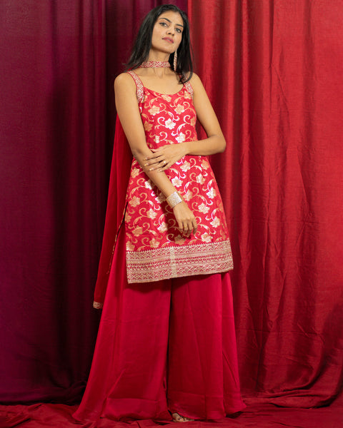 Red Three-Piece Palazzo Suit with Banarasi Work Kurta