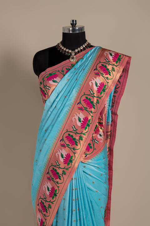 Rajhans Sky Blue Pure Silk Paithani Saree with Meena Butta