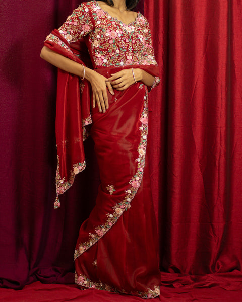 Red Pure Organza Designer Saree with Handwork