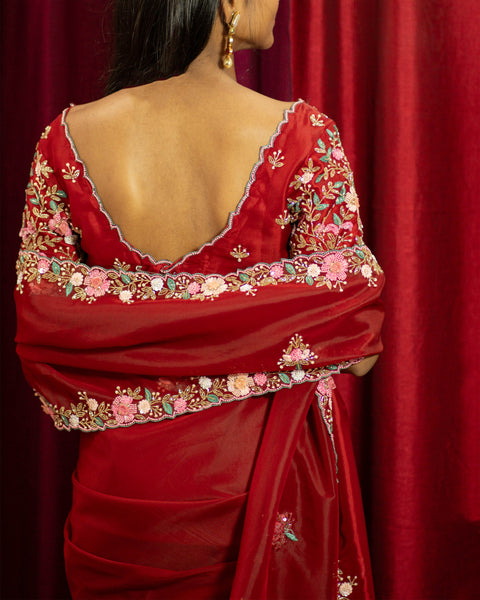 Red Pure Organza Designer Saree with Handwork