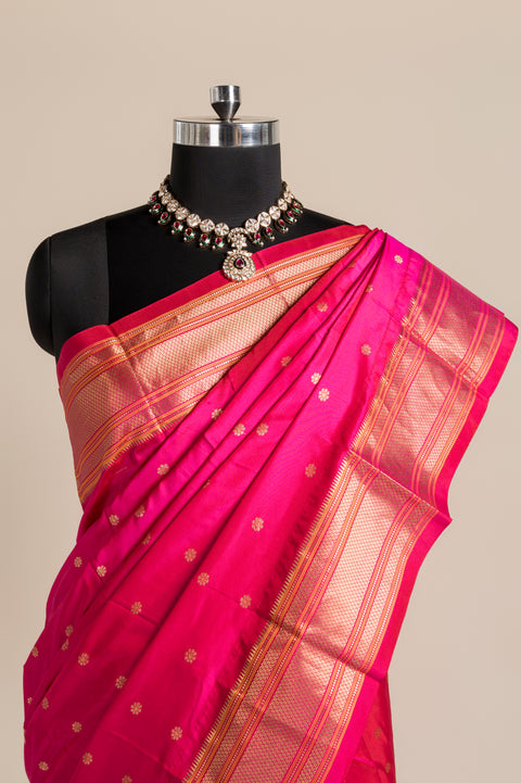Rani Pink Pure Silk Paithani Saree with Golden Chatai Border