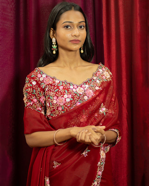 Red Pure Organza Designer Saree with Handwork