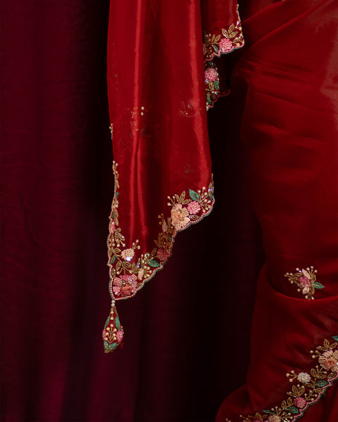 Red Pure Organza Designer Saree with Handwork