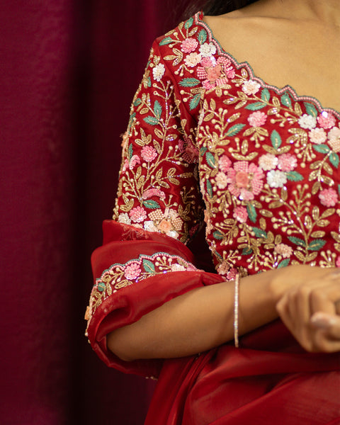 Red Pure Organza Designer Saree with Handwork