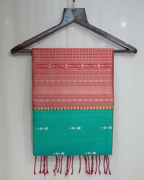 Crimson Bloom Soft Pure Silk Saree with Aqua Border