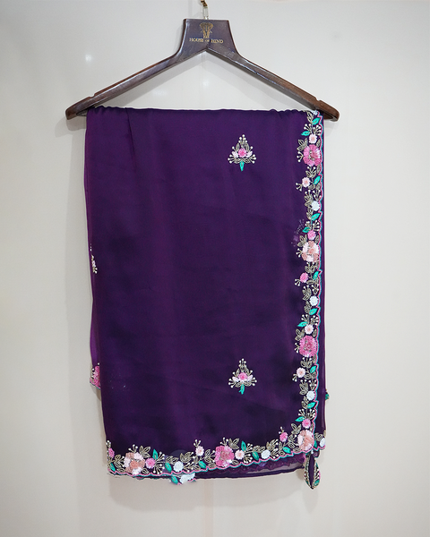 Exquisite Hand-Embroidered Purple Organza Saree