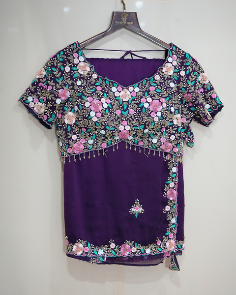 Exquisite Hand-Embroidered Purple Organza Saree
