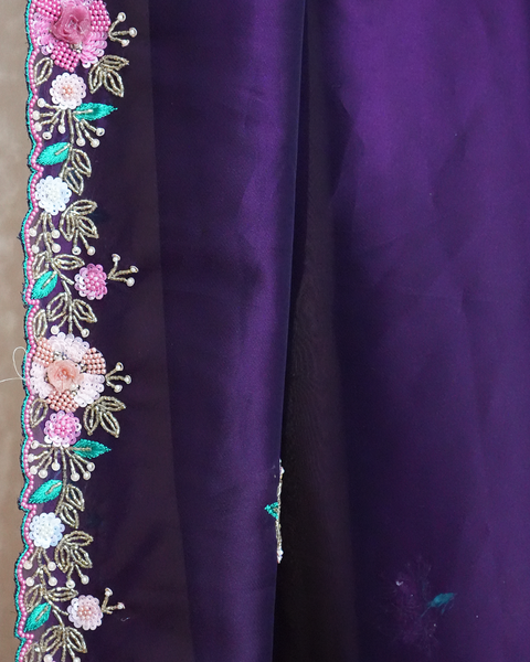 Exquisite Hand-Embroidered Purple Organza Saree