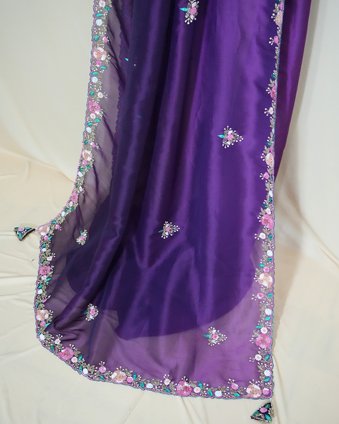 Exquisite Hand-Embroidered Purple Organza Saree