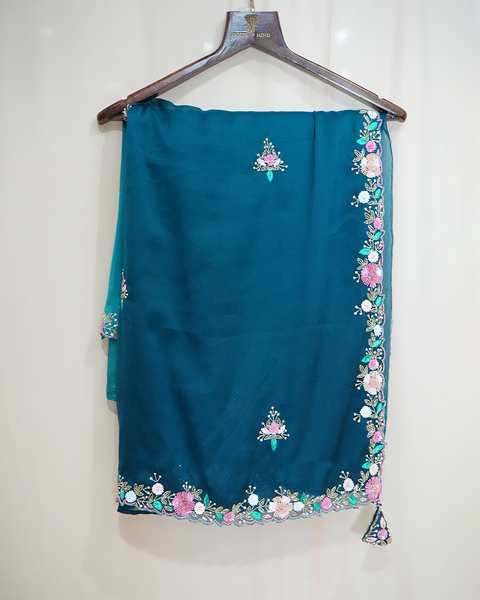 Teal Blue Embroidered Organza Saree with Heavy Blouse