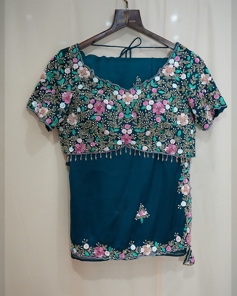 Teal Blue Embroidered Organza Saree with Heavy Blouse