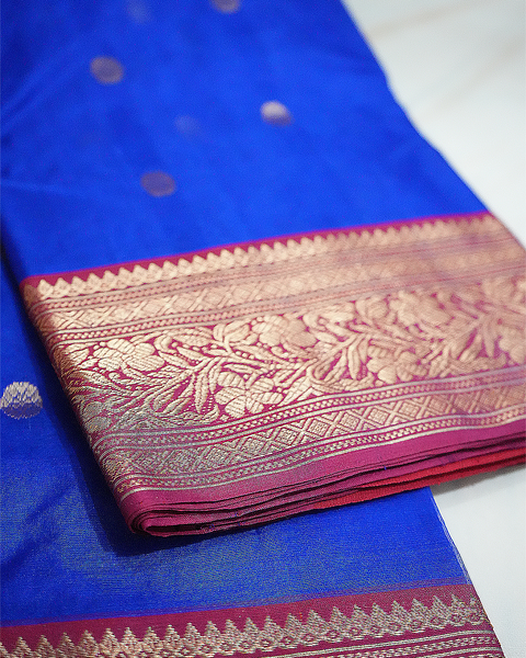 Royal Blue Chanderi Pure Silk Saree with Zari Buta and Broad Border