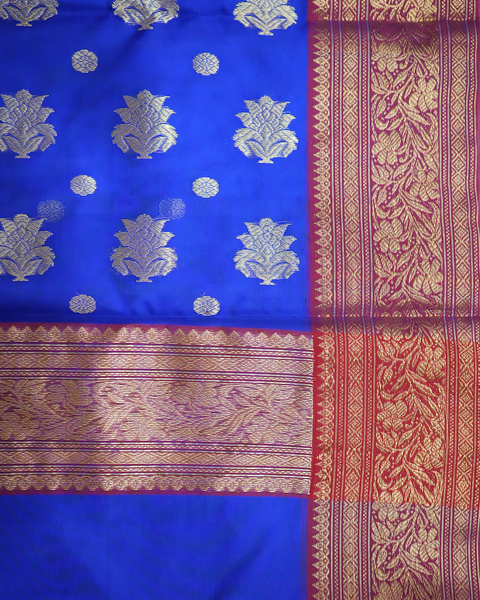 Royal Blue Chanderi Pure Silk Saree with Zari Buta and Broad Border