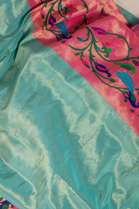 Shahi Aqua Blue Handwoven Pure Silk Paithani Saree with Butta
