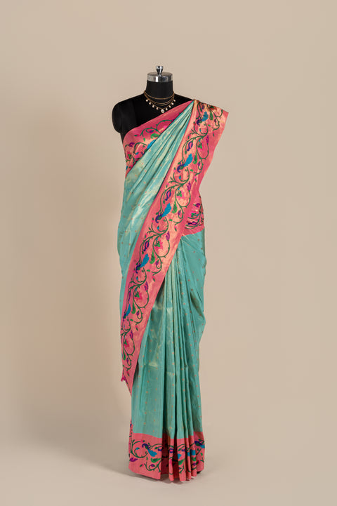 Shahi Aqua Blue Handwoven Pure Silk Paithani Saree with Butta