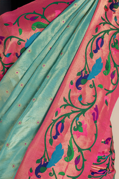 Shahi Aqua Blue Handwoven Pure Silk Paithani Saree with Butta