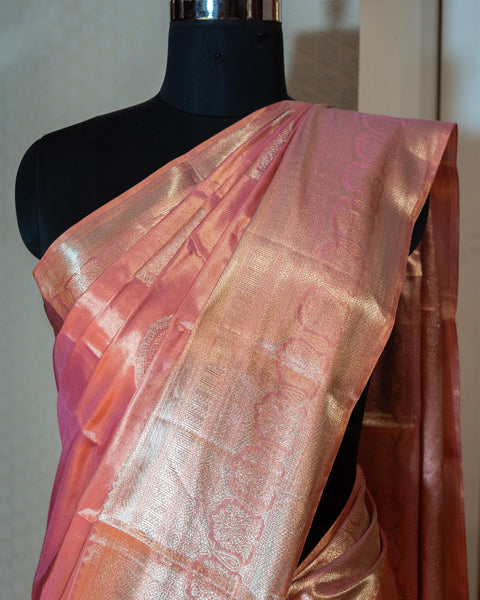 Peach Kanchipuram Pure Silk Saree with Zari Work