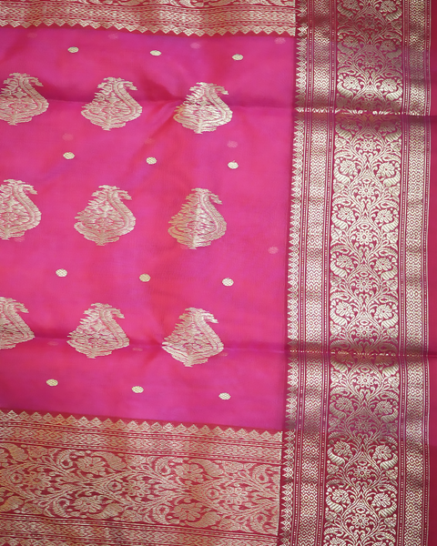 Pink Chanderi Pure Silk Saree with Gold Zari Weaving