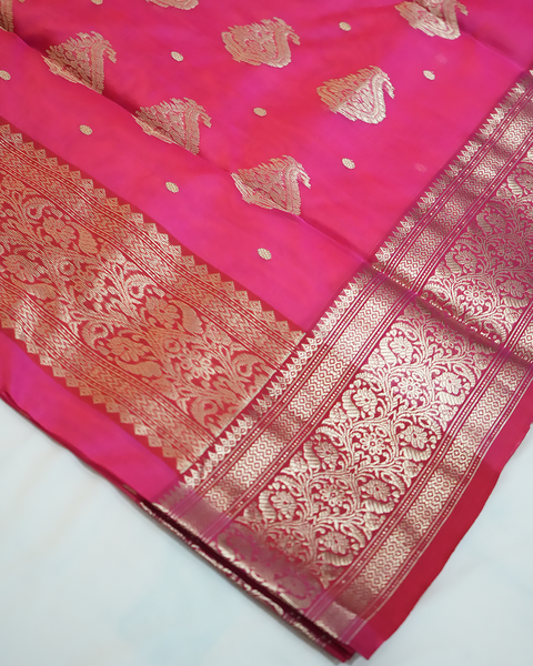 Pink Chanderi Pure Silk Saree with Gold Zari Weaving