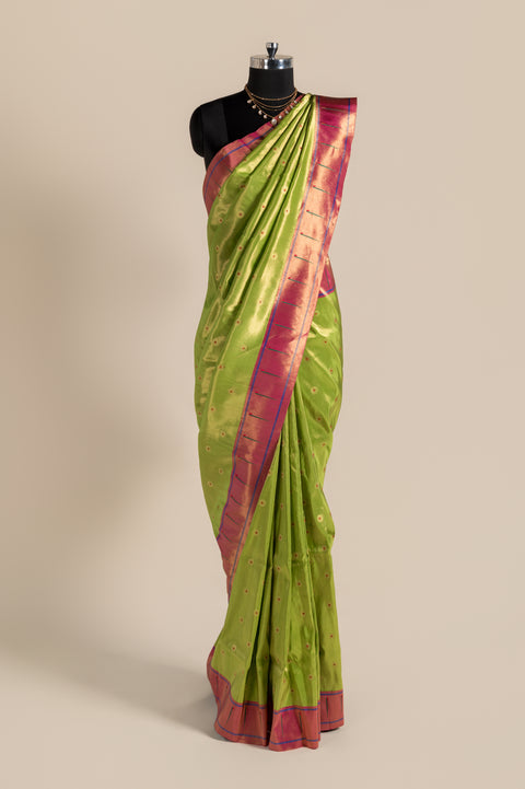 Parrot Green Tissue Handwoven Paithani Saree with Meena Butta