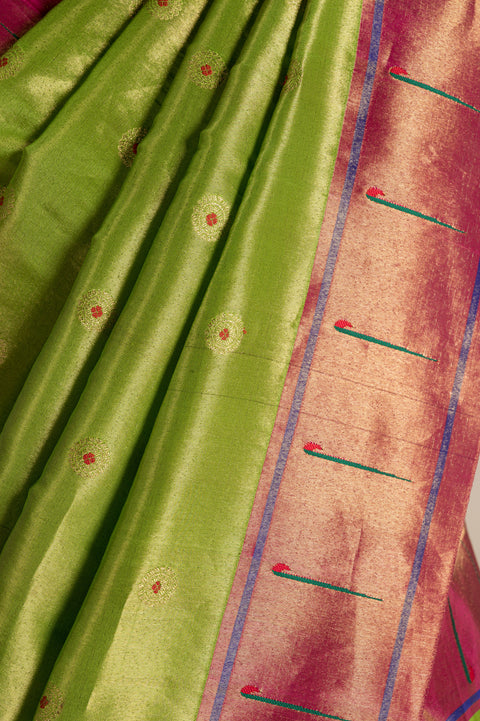 Parrot Green Tissue Handwoven Paithani Saree with Meena Butta