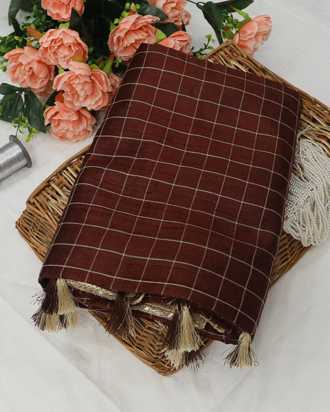Maroon Check Pure Linen Saree with Gottapatti Border