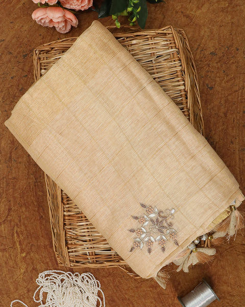 Off Yellow Pure Designer Linen Saree with Gottapatti Butties and Zari Border