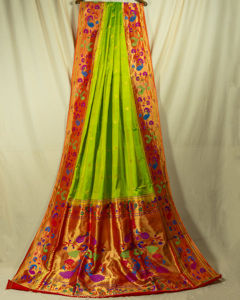Parrot Green Pure Silk Paithani Saree with Contrast Red Floral Zari Border