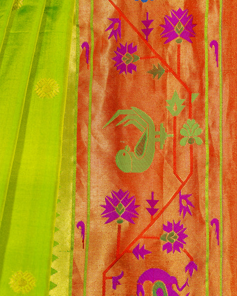 Parrot Green Pure Silk Paithani Saree with Contrast Red Floral Zari Border