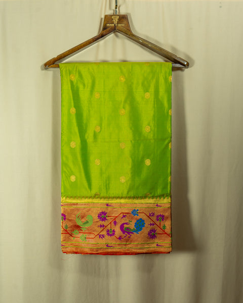 Parrot Green Pure Silk Paithani Saree with Contrast Red Floral Zari Border