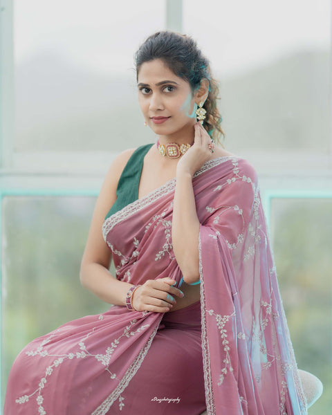 Print Designer Crepe Saree with Stone Work – As Worn by Yogita Chavan