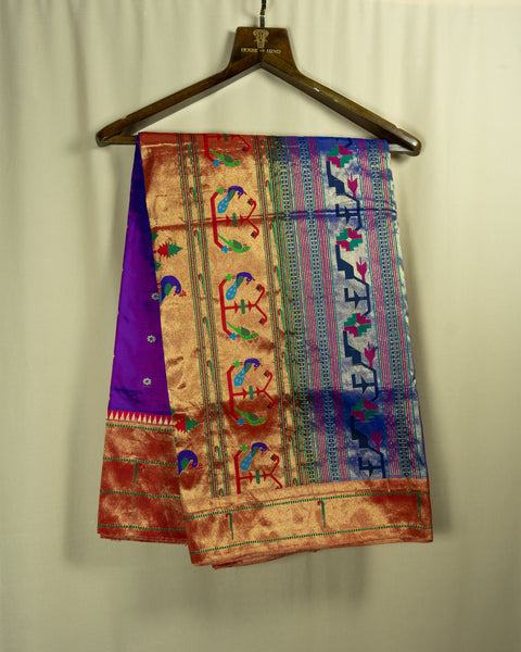 Purple Pure Silk Paithani Saree with Contrast Zari Border and Traditional Pallu
