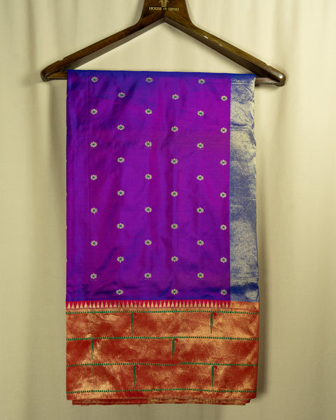 Purple Pure Silk Paithani Saree with Contrast Zari Border and Traditional Pallu