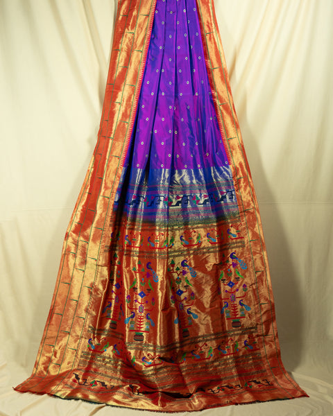 Purple Pure Silk Paithani Saree with Contrast Zari Border and Traditional Pallu