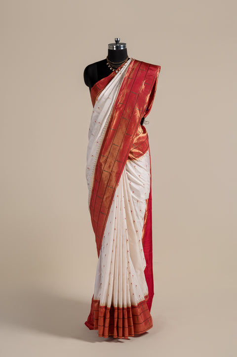 White Handwoven Paithani Saree with Triple Muniya Border & Butta