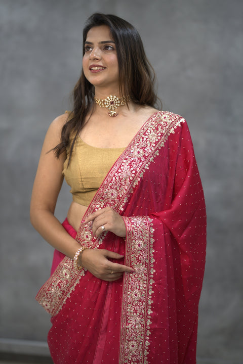 Bright Red Designer satin Saree