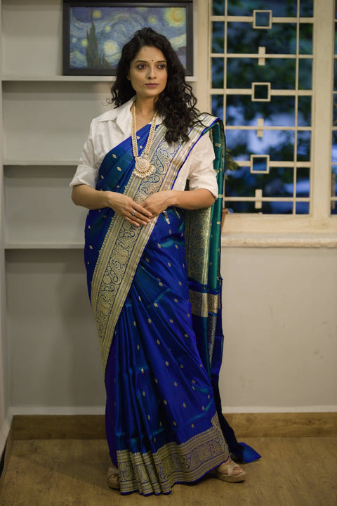 Ocean Blue Pure Banarasi Silk Saree