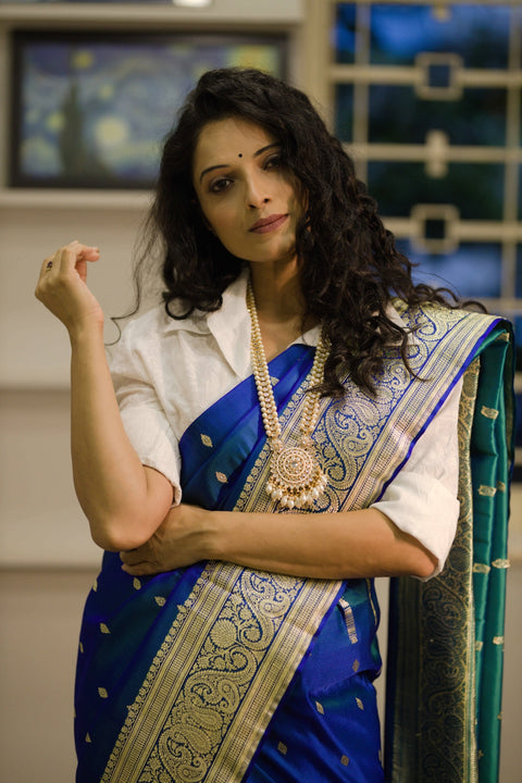 Ocean Blue Pure Banarasi Silk Saree