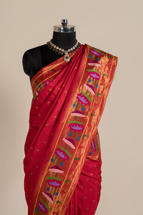 Red Lotus Handwoven Paithani Saree with Tilgul Butti Border