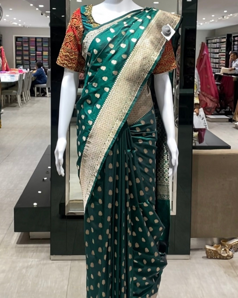 Bottle Green Banarasi Silk Saree with Golden Zari Work