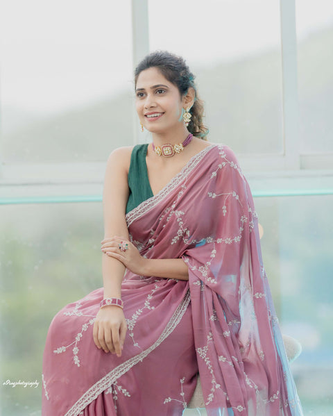 Print Designer Crepe Saree with Stone Work – As Worn by Yogita Chavan