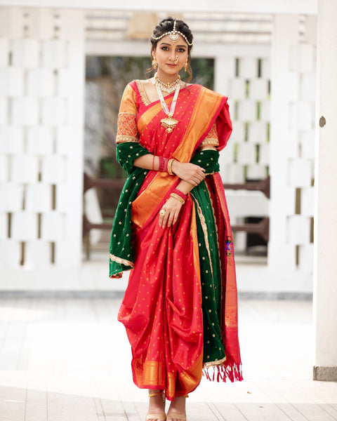 Red Maharani Paithani with Golden Zari Border